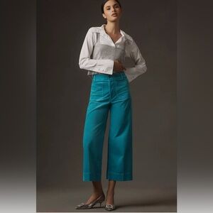 NWT Anthropologie Turquoise Blue The Colette Cropped Wide-Leg Corduroy Pants